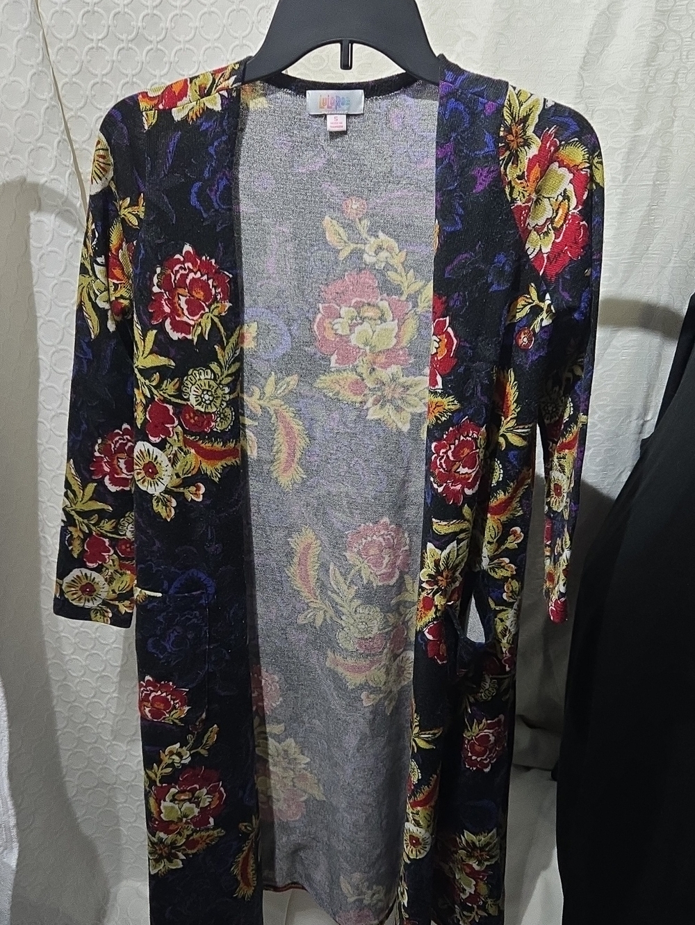LuLaRoe Black Floral Open-Front Duster with Red, Yellow & Purple Flowers